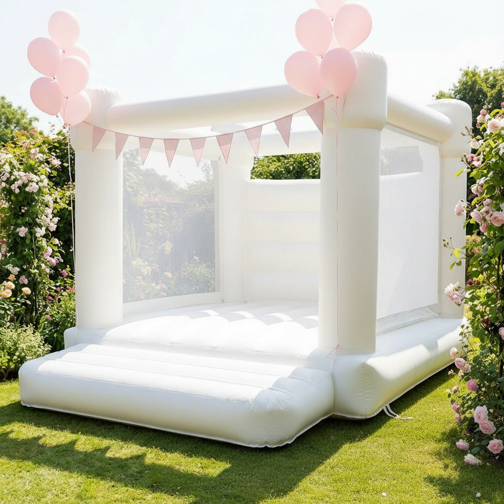 Bouncy castle with pink bunting hired for a kids party